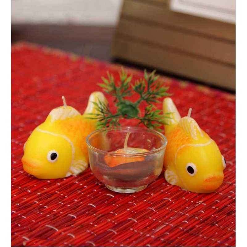 Riflection Yellow Fish Shaped Floating Candles with Small Glass Aquarium, 1467 (Pack of 2)