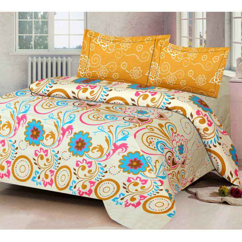 IWS Orange Luxury Cotton Printed Double Bedsheet with 2 Pillow Covers, CBP10