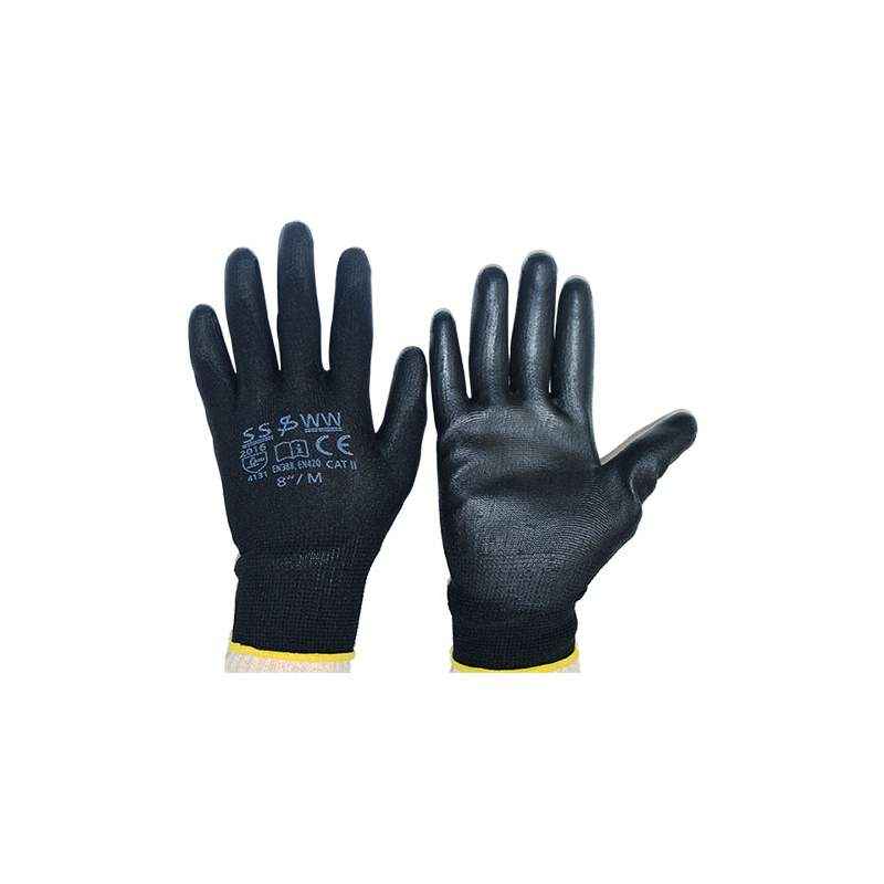 SSWW Black PU Palm Coated Gloves, SSWW118 (Pack of 10)