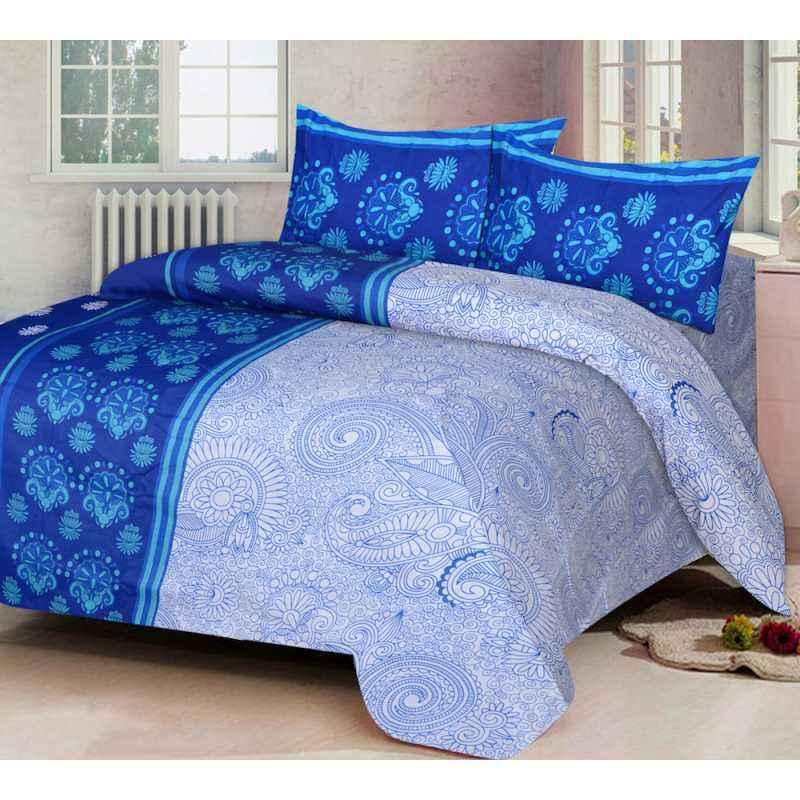 IWS Blue Luxury Cotton Printed Double Bedsheet with 2 Pillow Covers, CB1033