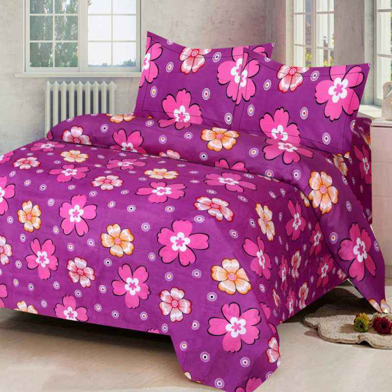 IWS Purple Luxury Cotton Printed Double Bedsheet with 2 Pillow Covers, CB1592