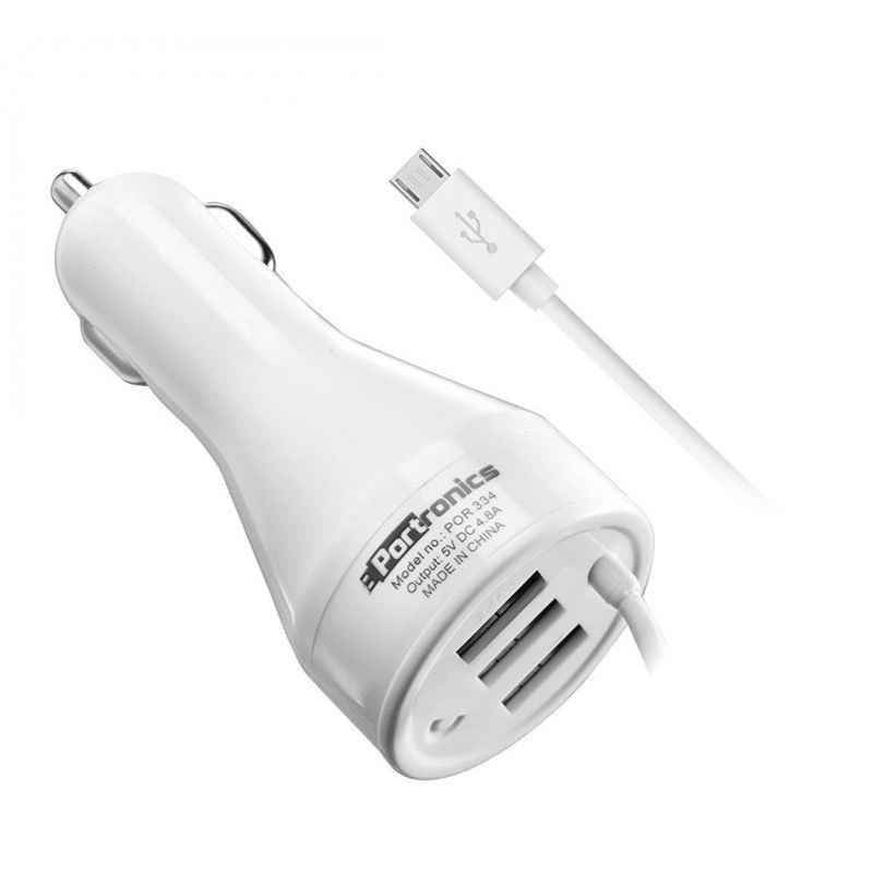 Portronics White 3 USB Port Car Charger with Micro USB Cable, POR334