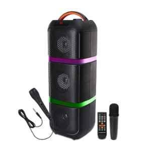 Krisons Cylender 777 100W Black Eternal Tripple Woofer Multi-Media Bluetooth Party Tower Speaker with 1 Wireless Mic, 1 Wired Mic, Remote, In Built Digital Display, RGB Lights, Aux, USB & SD Card
