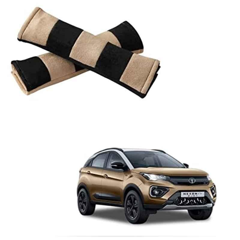 Kozdiko 2 Pcs Beige & Black Car Seat Belt Cushion Pillow Set for Tata Nexon EV