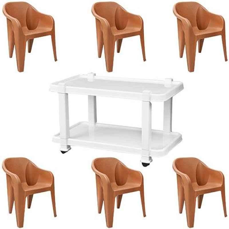 Italica 6 Pcs Polypropylene Camel Luxury Arm Chair & White Table with Wheels Set, 2019-6/9509