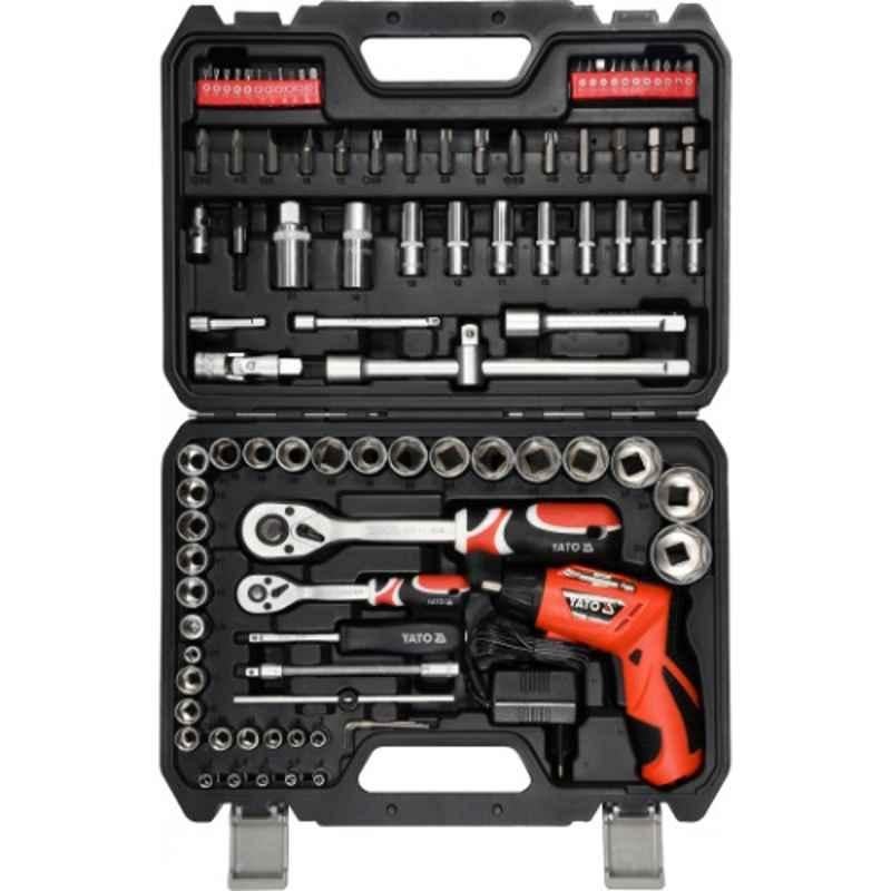 Yato 100 Pcs 1/4 inch & 1/2 inch Drive CrV Tool Kit with Battery Screwdriver, YT-12685