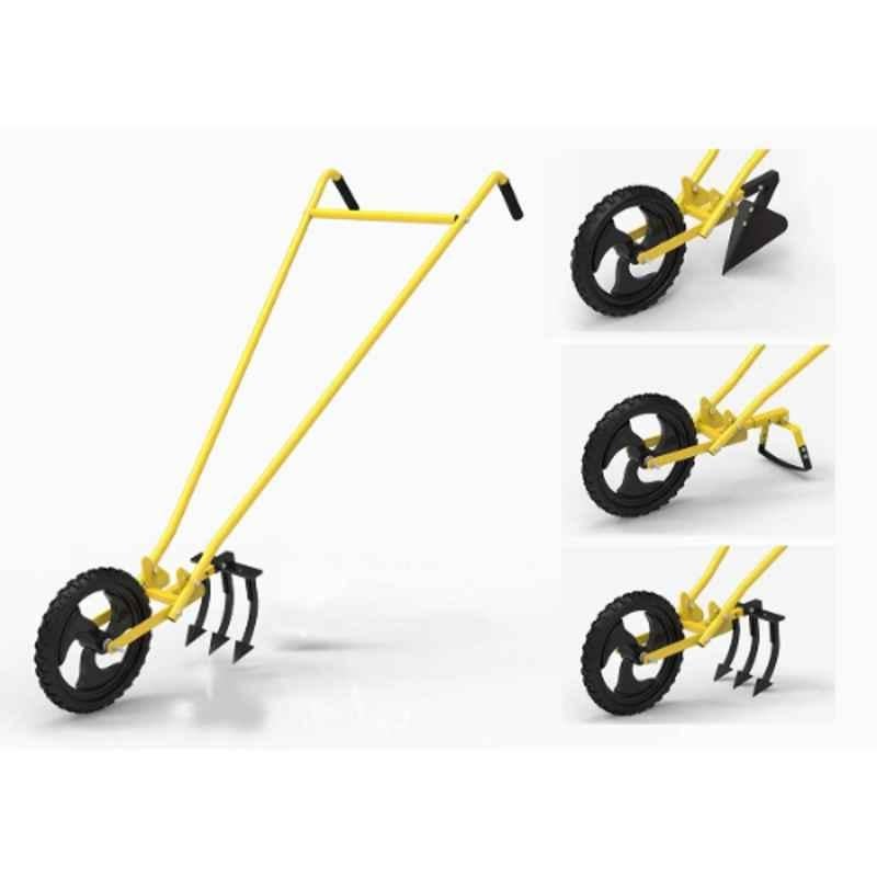 Hectare Yellow Wheel Hoe with 7 inch Weeder, 3 Tooth Cultivator & Furrow Attachment