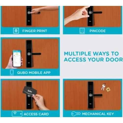 QUBO Smart Door Lock Black , 5 ways of unlocking - Fingerprint , Pin , RFID Access Card , Mobile App , Mechanical Key , OTP ,Stainless Steel Mortise , Hero Group Product
