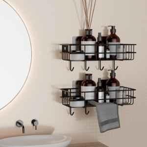 Lorazzo 10cm Alloy Steel Black Bathroom Organiser Shelve with  Hook (Pack of 2), LRZ BS0151 S02