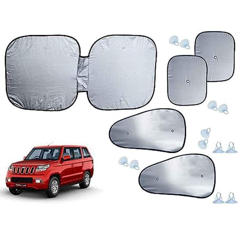 Auto Pearl 5 Pcs Polyester Black & Silver Window & Front Sun Shade Set for Mahindra TUV-300 Plus