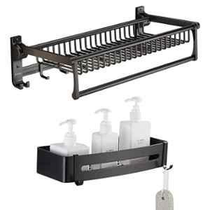 Plantex Aluminium Towel Rack/Towel Rod with Shelf for Bathroom Organizer/Towel Hanger with Hooks/Storage Shelf/Wall Mount-Bathroom Accessories (Black)