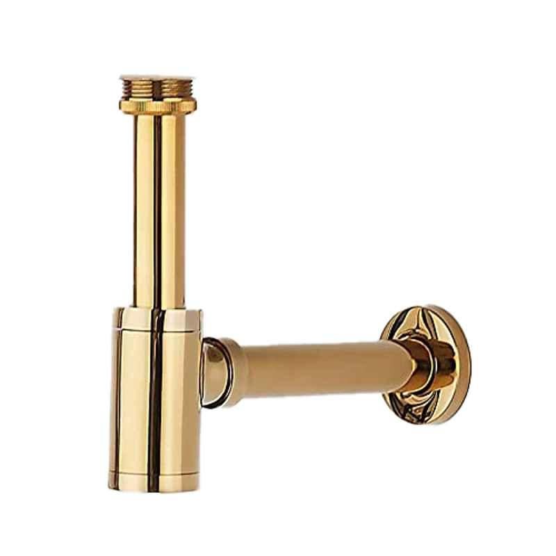 Bassino 300mm Brass Gold Bottle Trap with Wall Flange, BOTTLE-TD