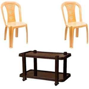 Italica 2 Pcs Polypropylene Marble Beige Without Arm Chair & Nut Brown Table with Wheels Set, 9306-2/9509
