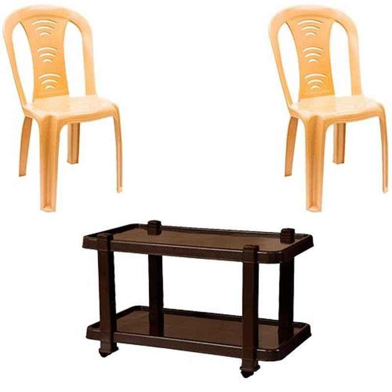 Italica 2 Pcs Polypropylene Marble Beige Without Arm Chair & Nut Brown Table with Wheels Set, 9306-2/9509