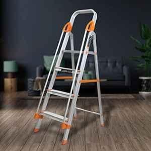 Plantex Secura 4 Step Aluminium Orange & Silver Foldable Ladder for Home with Safe Hand Rail, APS-833