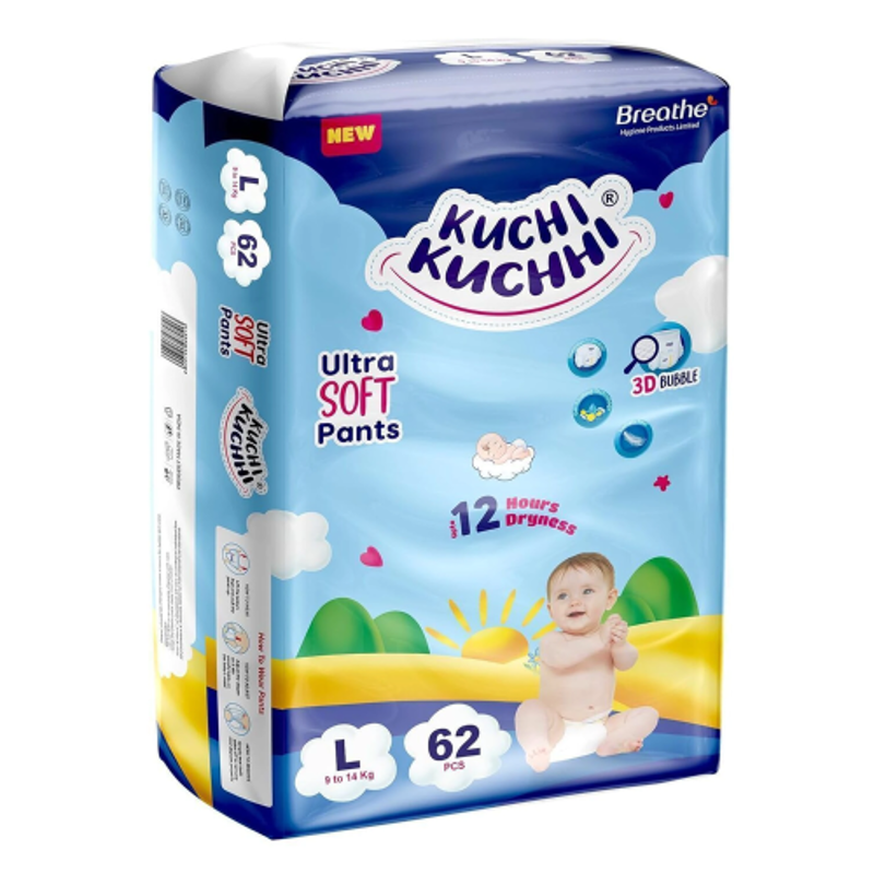 Kuchi Kuchhi 62 Pcs 9-14kg White Large Ultra Soft Baby Diaper Pant with 3D Bubble Top, KKL62