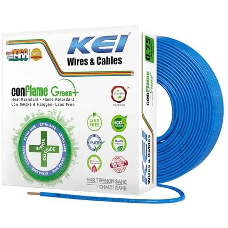 KEI Conflame Green Plus 0.75Sqmm Blue PVC Insulated 99.97% Copper FRLSH House Wire for Domestic & Industrial Electrical Wiring, Length: 180 m