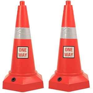 Ladwa 770mm Plastic Red 5kg Heavy Base Road Traffic Safety Cone with One Way Sign & Two Night Visible Reflective Strips (Pack of 2)