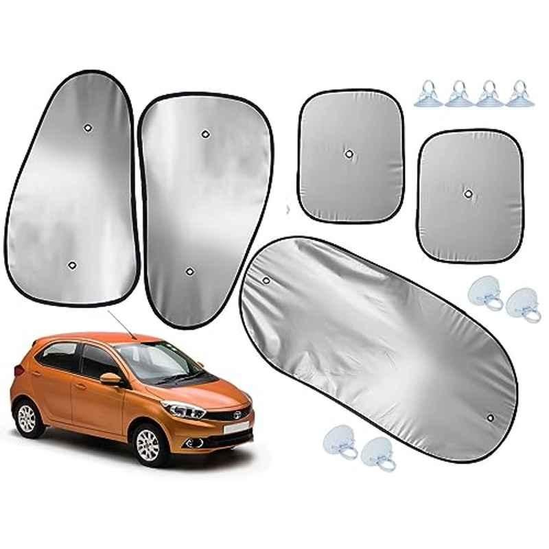 Auto Pearl 5 Pcs Polyester Black & Silver Window & Rear Sun Shade Set for Tata Tiago 2016-2018 XT & XZ