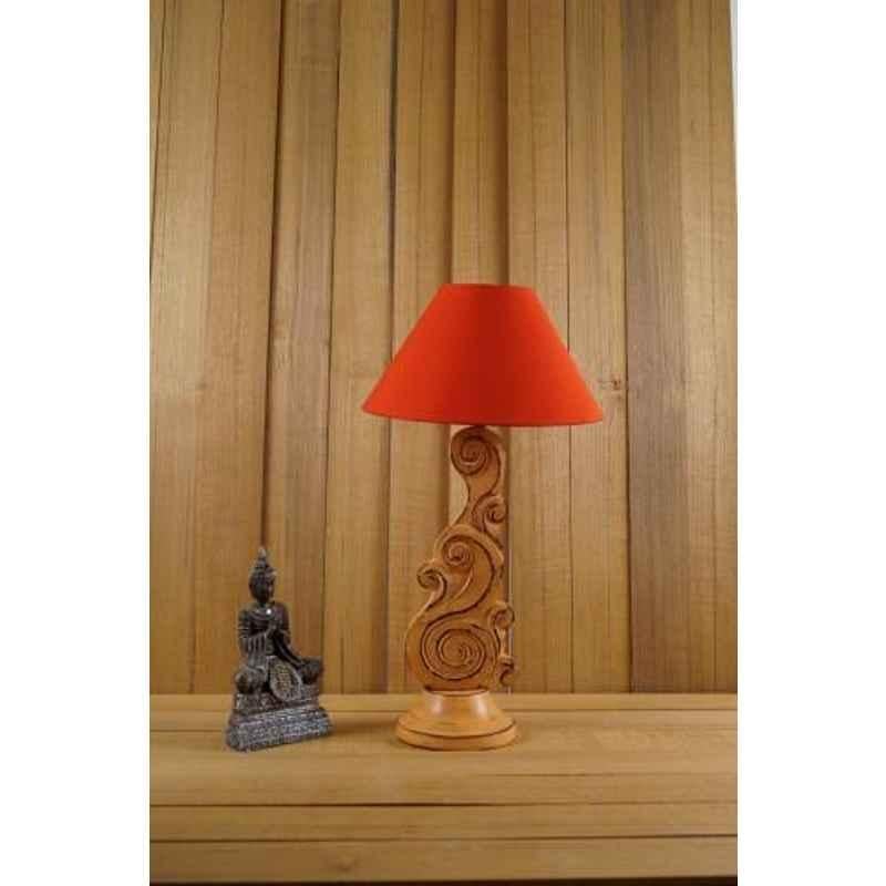 Tucasa Mango Wood Orange Carving Table Lamp with 10 inch Polycotton Red Gold Pyramid Shade, WL-97
