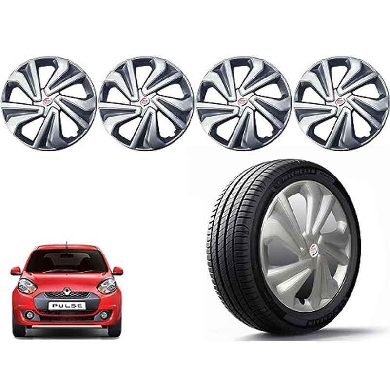 Auto Pearl 4 Pcs 14 inch Polypropylene Silver Press Type Car Wheel Cover Set with Retention Ring for Renault Pulse, 14WC_Tiago_Silver_Pulse
