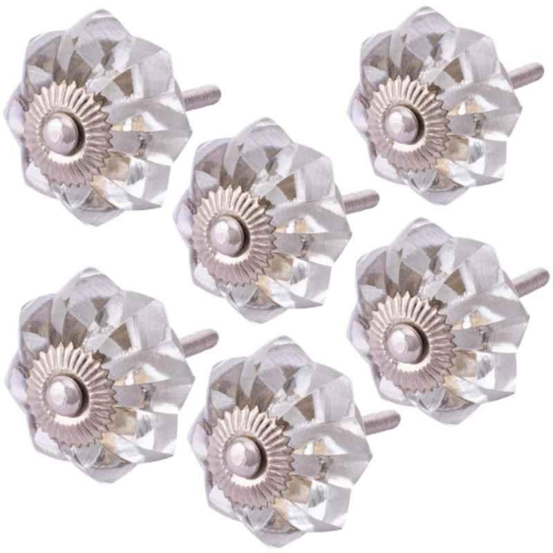 Atom 1.25 Inch Clear Crystal Glass Melon Marigold Flower Cabinet Door knob (Pack of 6)