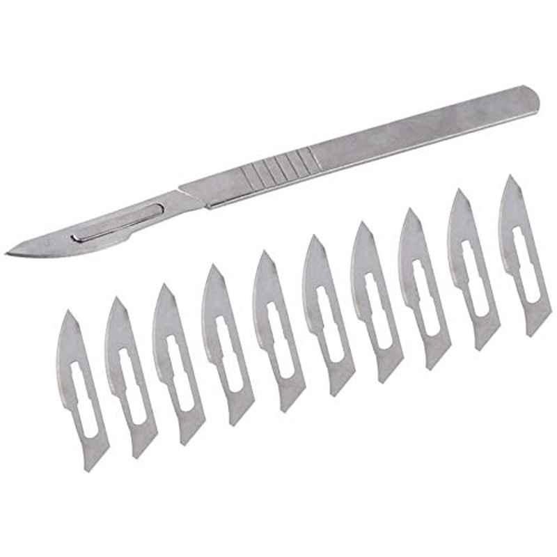 Forgesy Carbon Steel Scalpel Surgical B.P. Handle with 10 Pcs Blades, Size: 4, X70