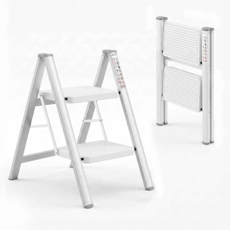 Corvids 150kg 2 Step White Heavy Duty Carbon Steel Foldable Step Ladder with 2 Years Warranty, Anti-Slip Wide Steps, Portable Multipurpose Folding Step Ladder for Home, Kitchen & Office Use