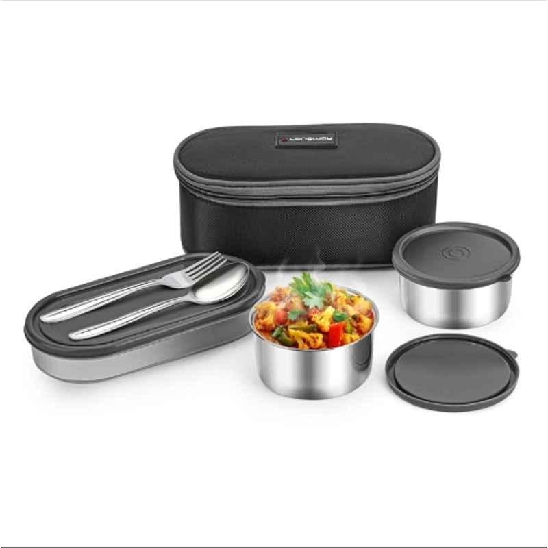 Longway Craveo Stainless Steel & Plastic Black Lunch Box with 3 Containers & 2 Years Warranty