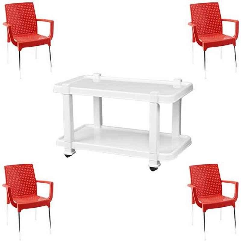 Italica 4 Pcs Polypropylene Red Plasteel Arm Chair & White Table with Wheels Set, 1215-4/9509