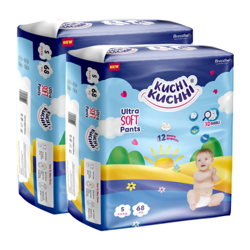 Kuchi Kuchhi 68 Pcs 4-8kg White Small Ultra Soft Baby Diaper Pant with 3D Bubble Top, KKS68X2 (Pack of 2)