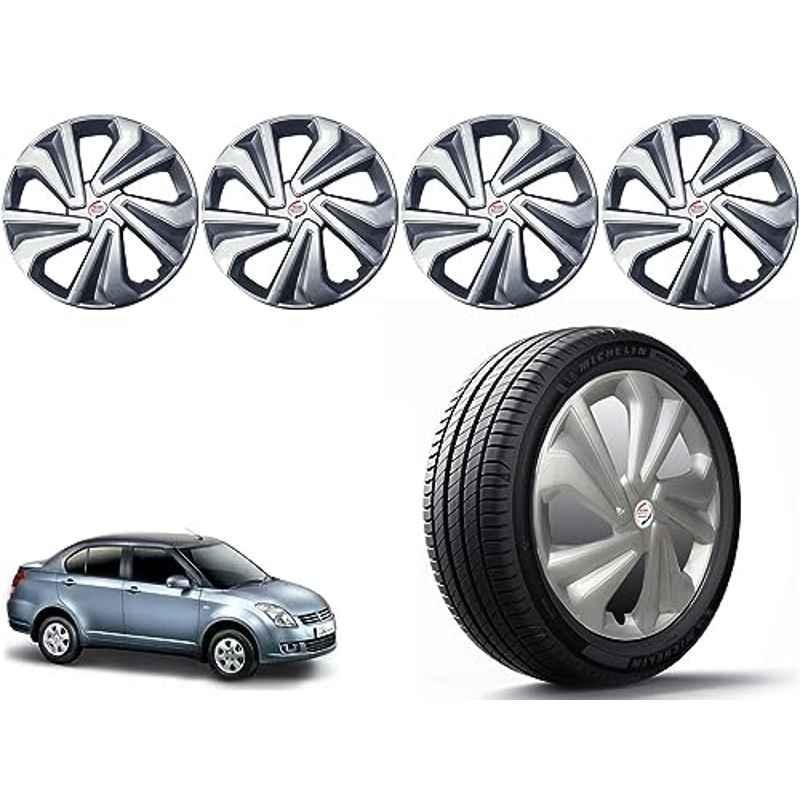 Auto Pearl 4 Pcs 14 inch Polypropylene Silver Press Type Car Wheel Cover Set with Retention Ring for Maruti Suzuki Swift Dzire Type 1 2008-2011, 14WC_Tiago_Silver_DzireType1_2008_11