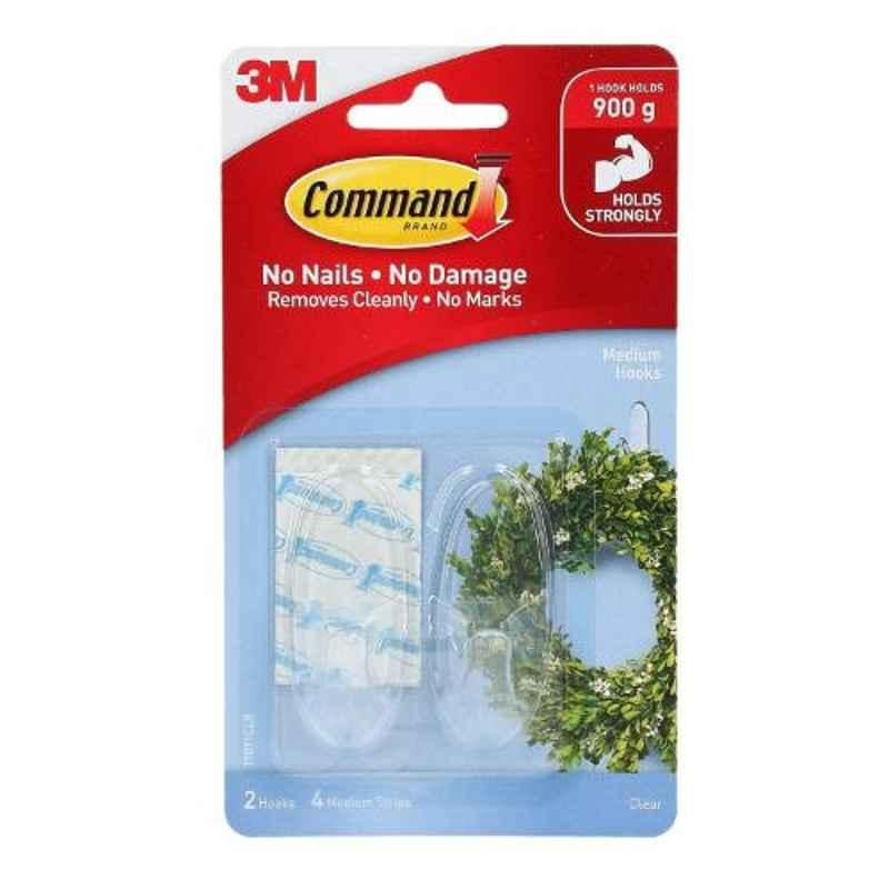 3M Command Medium 2 Pcs Plastic Transparent Hooks with 4 Strips