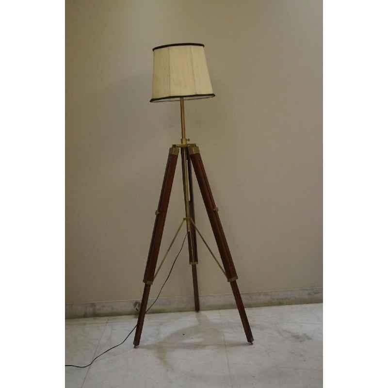 Tucasa Mango Wood Brown Tripod Floor Lamp with Polycotton Off White Shade, P-128