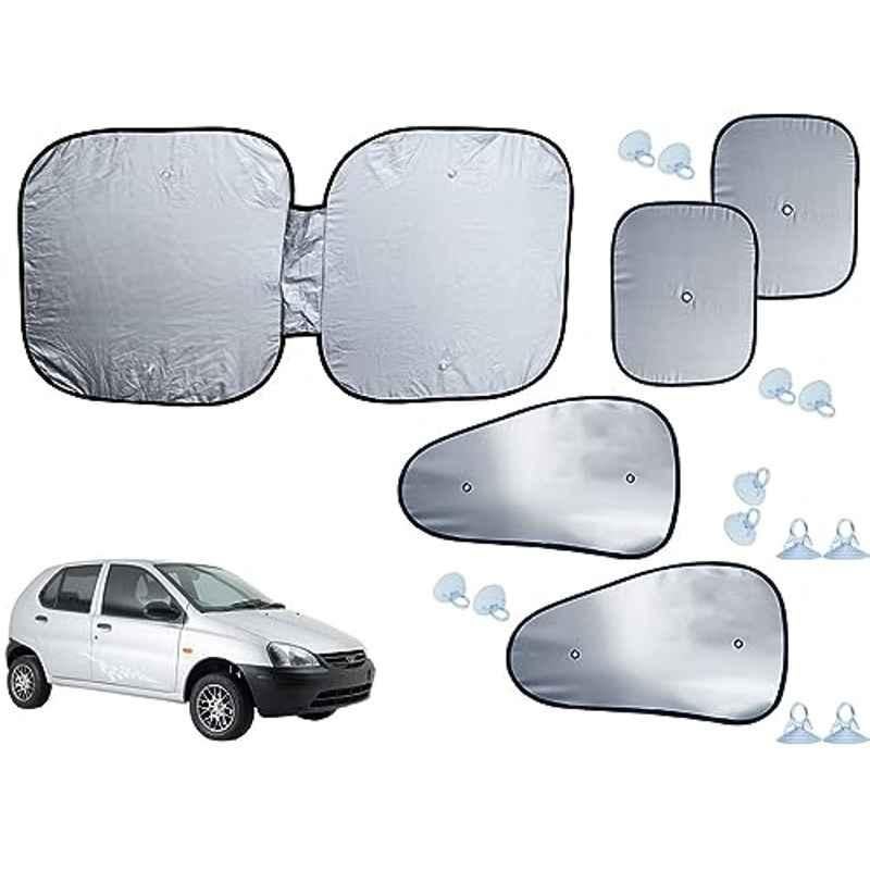 Auto Pearl 5 Pcs Polyester Black & Silver Window & Front Sun Shade Set for Tata Indica 1998
