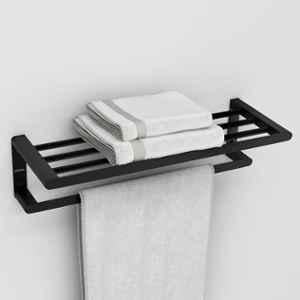 Plantex Space Aluminium Towel Rack with Fix Towel Rod/Towel Bar/Towel Hanger/Towel Stand for Bathroom/Bathroom Accessories Black