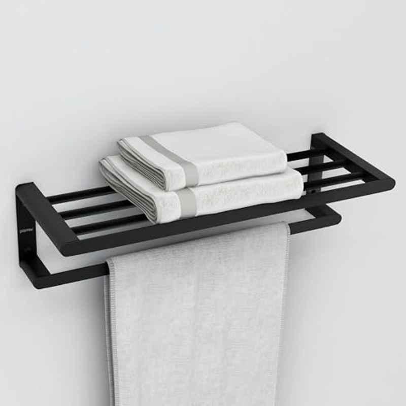 Plantex Space Aluminium Towel Rack with Fix Towel Rod/Towel Bar/Towel Hanger/Towel Stand for Bathroom/Bathroom Accessories Black