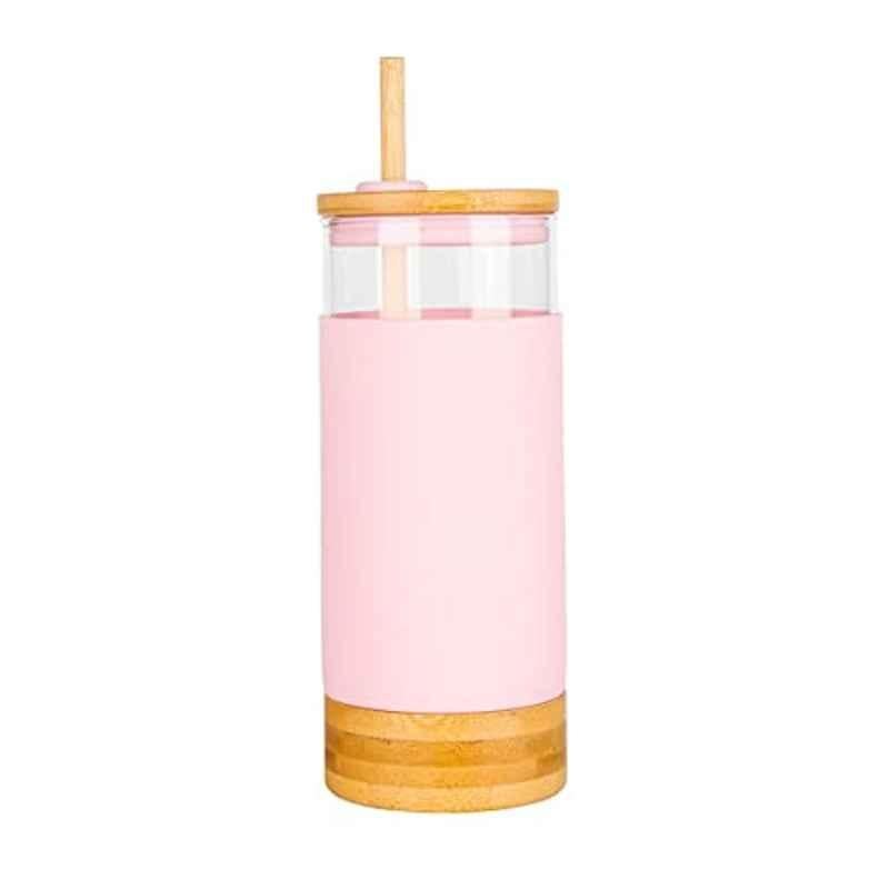 Homesmiths 650ml Bamboo, Glass & Silicone Pink Little Storage Drinking Cup With Straw