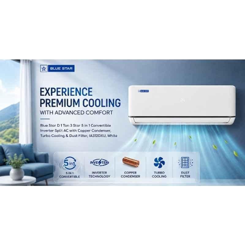 Blue Star D 1 Ton 3 Star 5 in 1 Convertible Inverter Split AC with Copper Condenser, Turbo Cooling & Dust Filter, IA312DXU, White