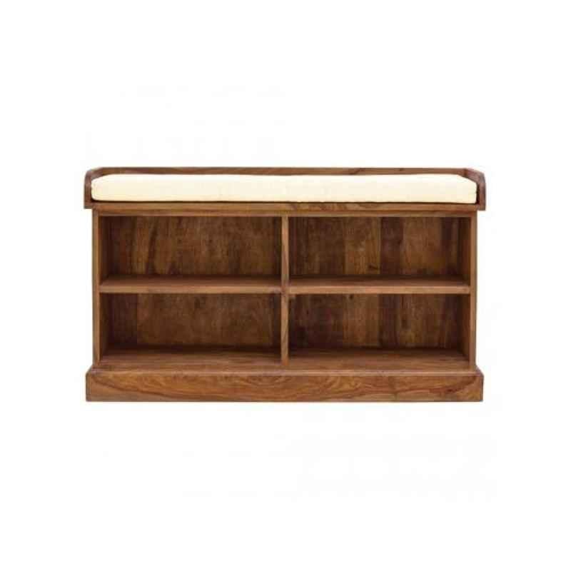 Angel Furniture 105x35x60cm Honey Finish Solid Sheesham Wood Shoe Rack Open Storage Seat, AF-157H
