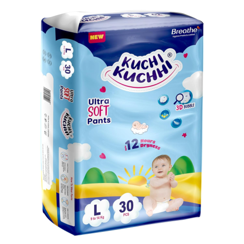 Kuchi Kuchhi 30 Pcs 9-14kg White Large Ultra Soft Baby Diaper Pant with 3D Bubble Top, KKL30