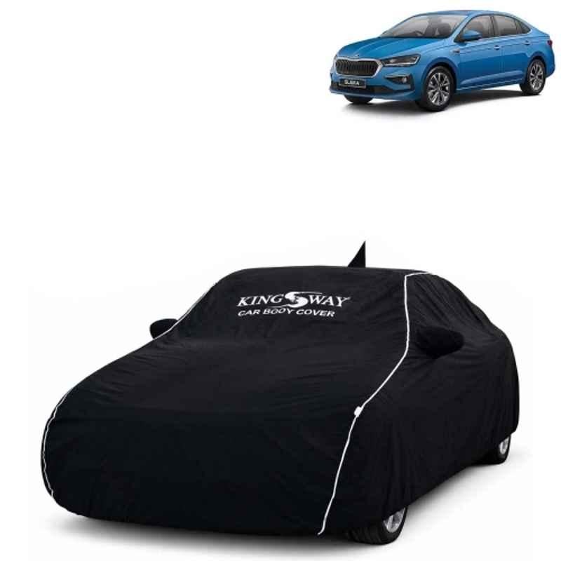Kingsway Super Waterproof All Weather Protection Polypropylene Black Car Cover for Skoda Slavia 2022 Onwards with Silver Piping, Mirror & Antenna Pockets