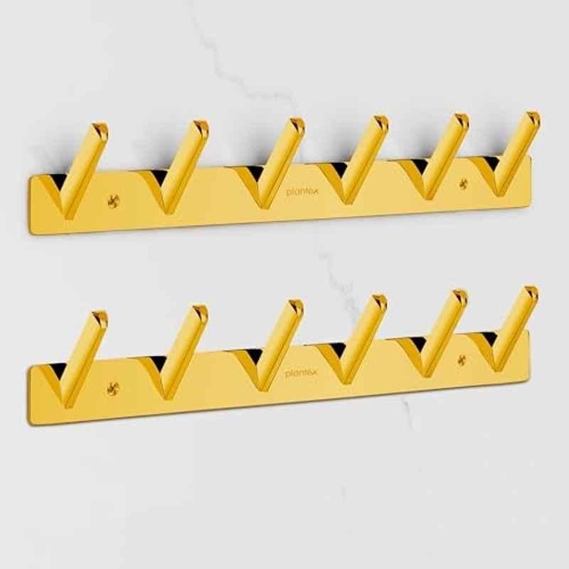 Plantex Wall Hooks for Hanging Cloth/Stainless Steel Towel Hangers/Bathroom Robe Hooks/Door Hangers/Square Wall Hook/Hook Rail for Hanging Keys 6 Hooks (Pack of 2), PVD Gold
