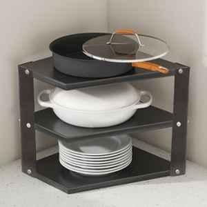 Plantex GI-Steel 3-Tier Pan Stand for Kitchen/Multipurpose Corner Floor Mount Shelf for Kitchen Black
