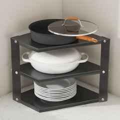 Plantex GI-Steel 3-Tier Pan Stand for Kitchen/Multipurpose Corner Floor Mount Shelf for Kitchen Black