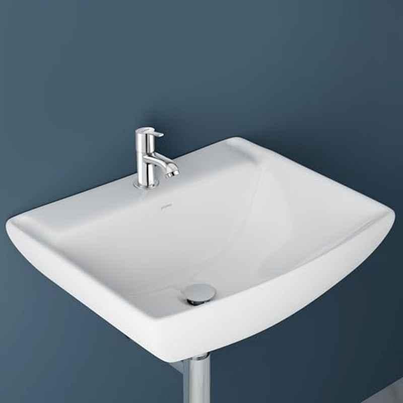 Plantex Plano APS-1174 Ceramic White Wash Basin with RI03 Stainless Steel Pillar Cock Tap Set for Bathroom