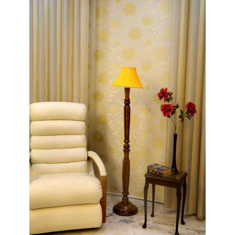 Tucasa Vintage Wooden Lamp with Yellow Pleated Shade, LG-954