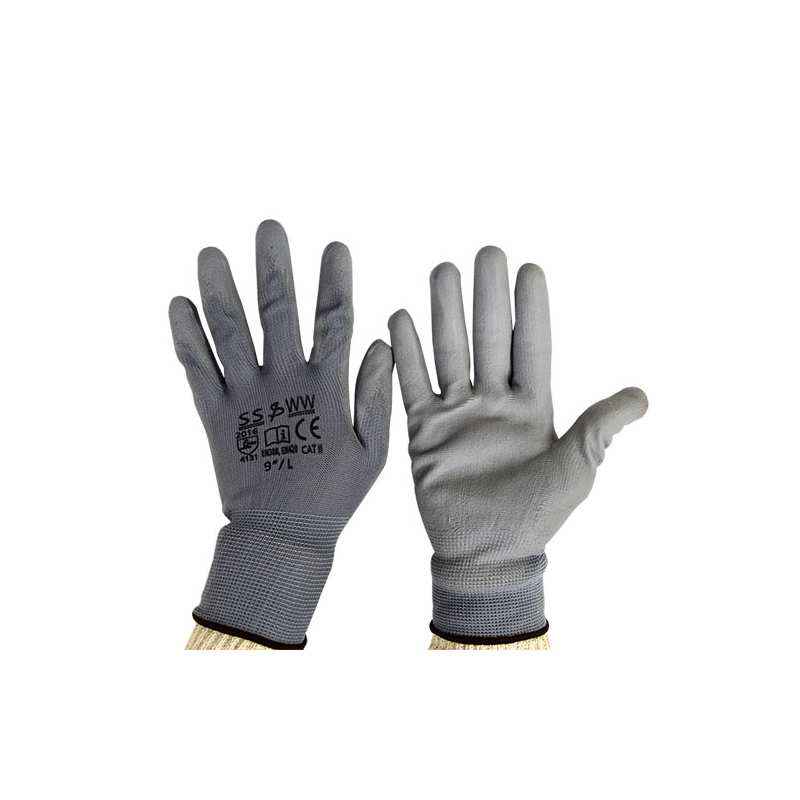 SSWW Grey PU Palm Coated Gloves, SSWW120 (Pack of 10)