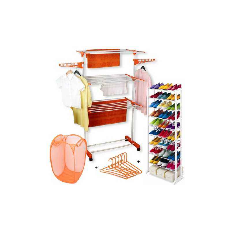 Kawachi C108 Combo of Cloth Drying Stand, Laundry Basket, Plastic Hanger & 10 Layer Shoe Rack