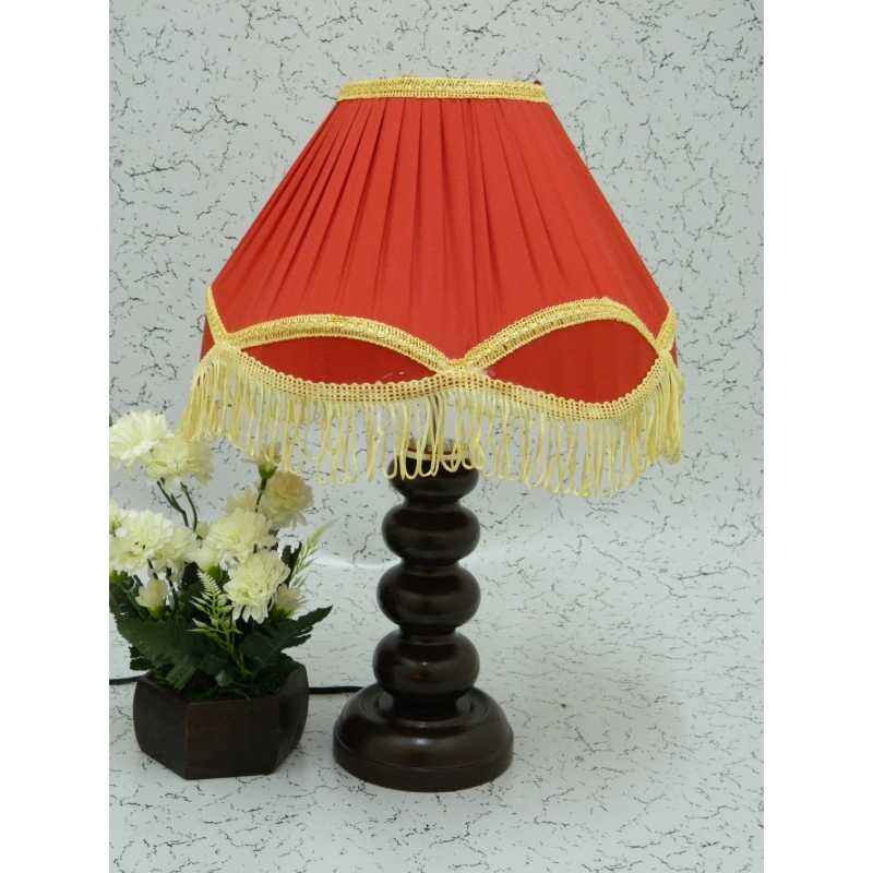 Tucasa Smart Wooden Table Lamp with Red Lacy Shade, LG-1086